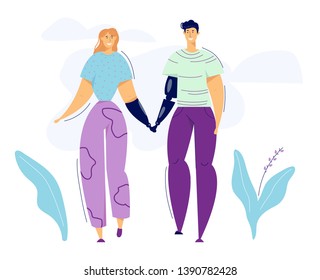 Man and Woman Characters with Prosthesis. Happy Couple Prosthetic Concept. Health Care Assistance Disabled People Life. Vector flat cartoon illustration