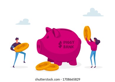 Man and Woman Characters Put Golden Dollar Coins into Huge Piggy Bank. People Saving and Collect Money in Thrift-box, Open Bank Deposit. Family Couple Finance Budget. Cartoon Vector Illustration