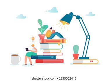 Man and Woman Characters Reading Books. Flat People Sitting on Stack of Books. Education, Library Literature Concept with Students Learning. Vector illustration