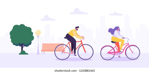 Man and Woman Characters Riding Bicycle in the City Background. Active People Enjoying Bike Ride in the Park. Healthy Lifestyle, Eco Transportation. Vector Illustration