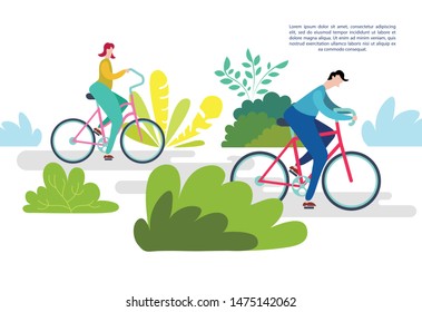 Man and woman characters riding bicycle on the background. Active people enjoying bike ride in the park. Healthy lifestyle concept. Characters doing workout outside. Flat, cartoon, trendy,