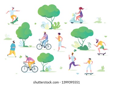 Man and woman characters running, riding bicycle, skateboarding, roller skates, fitness. Active people in the park. Summer outdoor.  Flat vector concept illustration