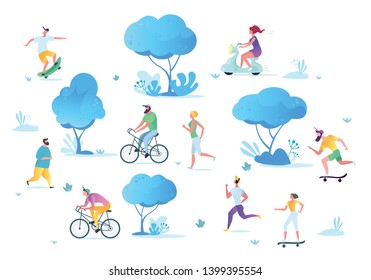 Man and woman characters running, riding bicycle, skateboarding, roller skates, fitness. Active people in the park. Summer outdoor.  Flat vector concept illustration