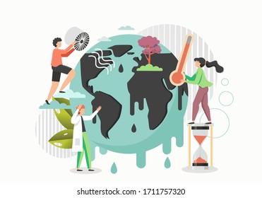 Man and woman characters saving melting planet Earth from global heating. Vector flat illustration. Global warming, climate change caused by greenhouse effect, environment pollution.