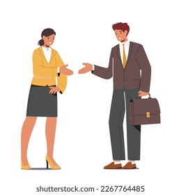 Man And Woman Characters Shaking Hands Engaging In Conversation, Chatting As Colleagues, Building Connection. Effective Business Communication, Social Interaction. Cartoon People Vector Illustration