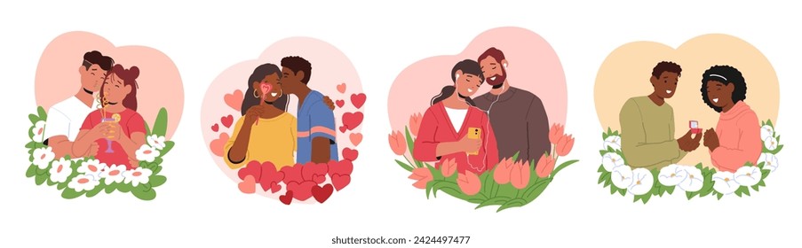 Man And Woman Characters Share Tender Gazes, Cocooned By A Floral Frame In A Blooming Embrace. Love Blossoms, Entwining Their Hearts In A Fragrant Tapestry Of Affection. Cartoon Vector Illustration