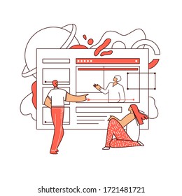 Man and Woman characters sitting in front of web site, watching educational video in creative, computer, science fields. Online education vector flat concept with abstract elements, line art style