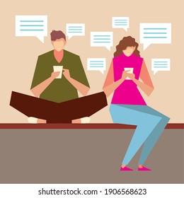 man and woman characters sitting using smartphones, people and gadgets vector illustration