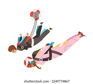 Personajes masculinos y femeninos navegando en paracaídas en tándem ilustración