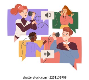 Man and Woman Characters Speaking by Phone Having Connections with Each Other Engaged in Social Interaction Vector Illustration