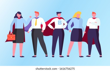 Man and woman characters standing in superhero coats. Businessman and businesswoman comic people in cloak together isolated on blue. Teamwork success of superhuman male and female in suit vector