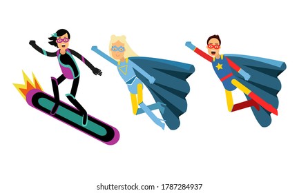 Man and Woman Characters in Superhero Costumes Flying to Rescue Vector Illustration Set