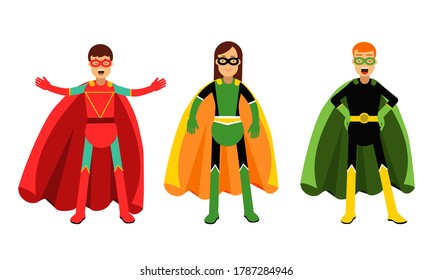 Man and Woman Characters in Superhero Costumes Standing Vector Illustration Set
