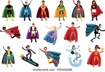 Man and Woman Characters in Superhero Costumes Standing and Waving Hand Vector Illustration Set