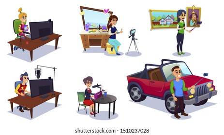 Man and Woman Characters Taking Photos or Making Videos Using Selfie Stick with Mobile Phone, Computer, Laptop Flat Vector Illustration. Filming Makeup, Pictures in Gallery, New Car or Vehicle.