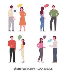 Man and woman characters talking with talking bubbles. flat design style vector graphic illustration set