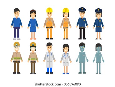 Man And Woman Characters. Template Set For Character Animation. Ready To Animation Parts Of Character. Builder, Policeman, Firefighter, Doctor, Robot. Vector Illustration