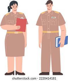 Personajes hombres y mujeres con uniforme de funcionario público tailandés. Prepárate para el concepto de trabajo. Ilustración vectorial de diseño plano.