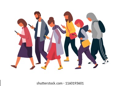 Man and woman characters using mobile phones. Crowd of people holding smartphones. Vector illustration.