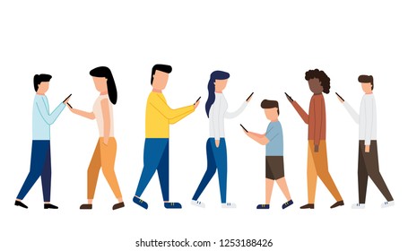 Man and woman characters using mobile phones or cellphones.