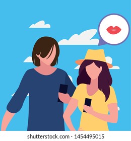 man and woman characters using smartphone