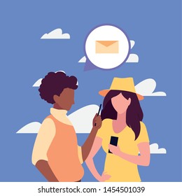 man and woman characters using smartphone