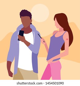 man and woman characters using smartphone