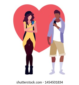 man and woman characters using smartphone