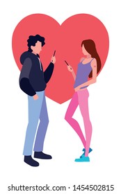 man and woman characters using smartphone