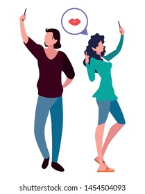 man and woman characters using smartphone