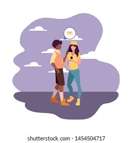 man and woman characters using smartphone