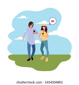man and woman characters using smartphone