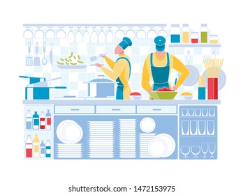 Man and Woman Characters Wearing Chef Uniform and Toque Cooking on Kitchen. People Prepare Dishes at Home or Restaurant Interior with Desk, Tableware, Oven, Cafe Staff Cartoon Flat Vector Illustration