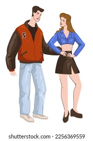 Personajes de hombres y mujeres con atuendos tradicionales de los años 90. Pareja aislada, mujer con minifalda y top, hombre con uniforme escolar o saltador. Moda y tendencias de los años 90. Vector de estilo plano