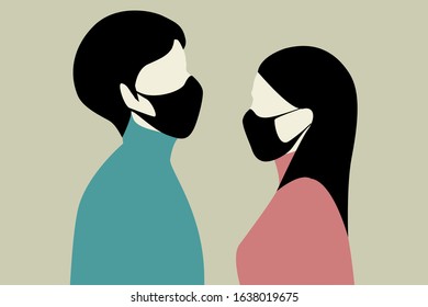 Man and Woman charactor vector wearing black mask protective 