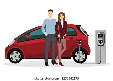 Man and woman charges an electric car at a charging station. Isolated on white background. Vector illustration EPS 10