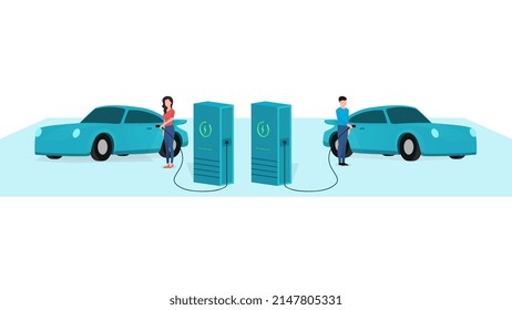 man and woman charging cool car at electric vehicle charging station, vehicle at EV charge Point, business character vector illustration on white background.  