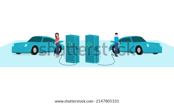 man and woman charging cool car at\
electric vehicle charging station, vehicle at EV charge Point,\
business character vector illustration on white background. \
