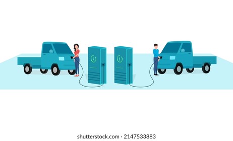 man and woman charging delivery tempo at electric vehicle charging station, vehicle at EV charge Point, business character vector illustration on white background.  