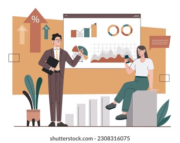 Man and woman with charts. Team of analysts and entrepreneurs conduct market research. Planning and goal setting, strategy. Infographics and data visualization. Cartoon flat vector illustration