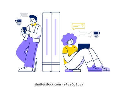 A man and woman chat with an AI assistant online. Chatbot helps in work and study. Vector flat illustration isolated on a white background.