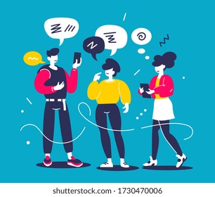 Man and woman chatting communication in messenger. Vector creative illustration of young modern people with smart phone on color background. Flat style design of team work people for web, site, banner