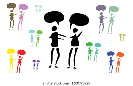 Man and woman chatting, discussing, arguing, shouting. Couple, husband and wife quarreling about bad marriage, unhappy couple and family. Speech Bubbles with space. Vector illustration EPS 10