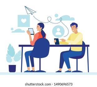 Man and Woman Chatting and Messaging by Phone. Cartoon People Characters Sending Emails, Networking, Giving Likes while Sitting at Table. Happy friendship on Internet. Vector Flat Illustration