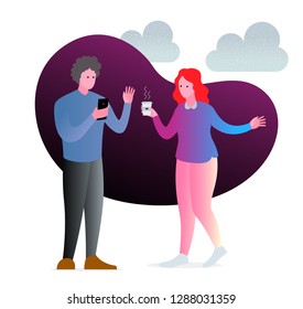 Man and woman chatting. Office team discussion. Vector illustration. Digital business concept.