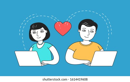 Man and woman chatting on dating site. Love vector illustration