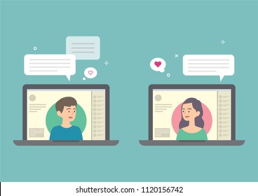 Man and woman chatting on the Internet, Online dating website on a laptop concept, dating application,  vector illustration.
