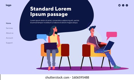 Man and woman chatting online at cyber cafe. Internet, web, laptop, talking flat vector illustration. Communication and technology concept for banner, website design or landing web page.