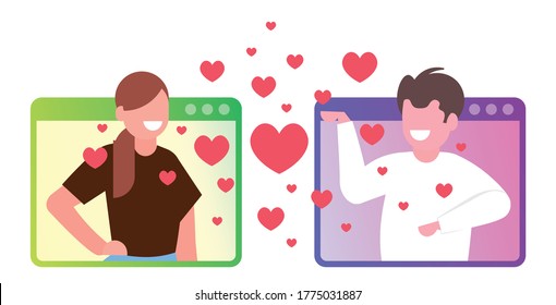 man woman chatting in online dating app couple with hearts in web browser windows social relationship communication concept portrait horizontal vector illustration
