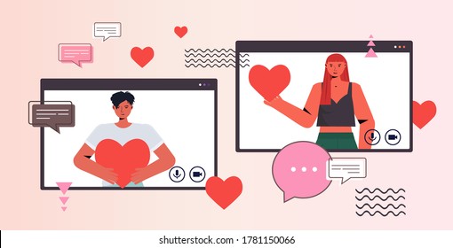man woman chatting in online dating app couple in web browser windows holding hearts social relationship communication concept portrait horizontal vector illustration
